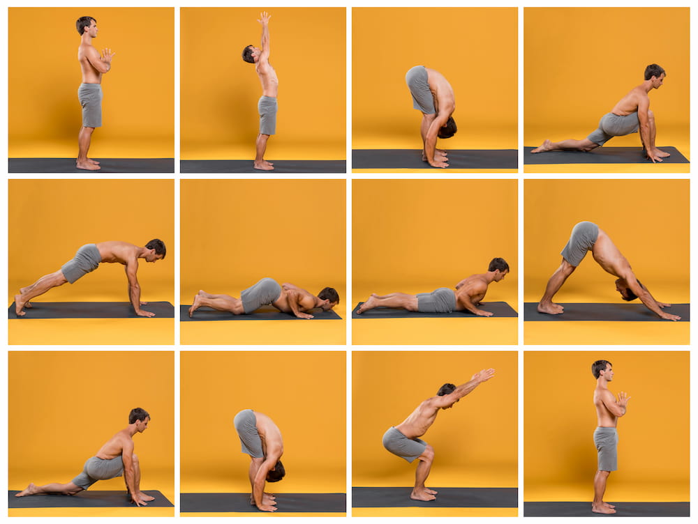 hombre mostrando diferentes posiciones de yoga